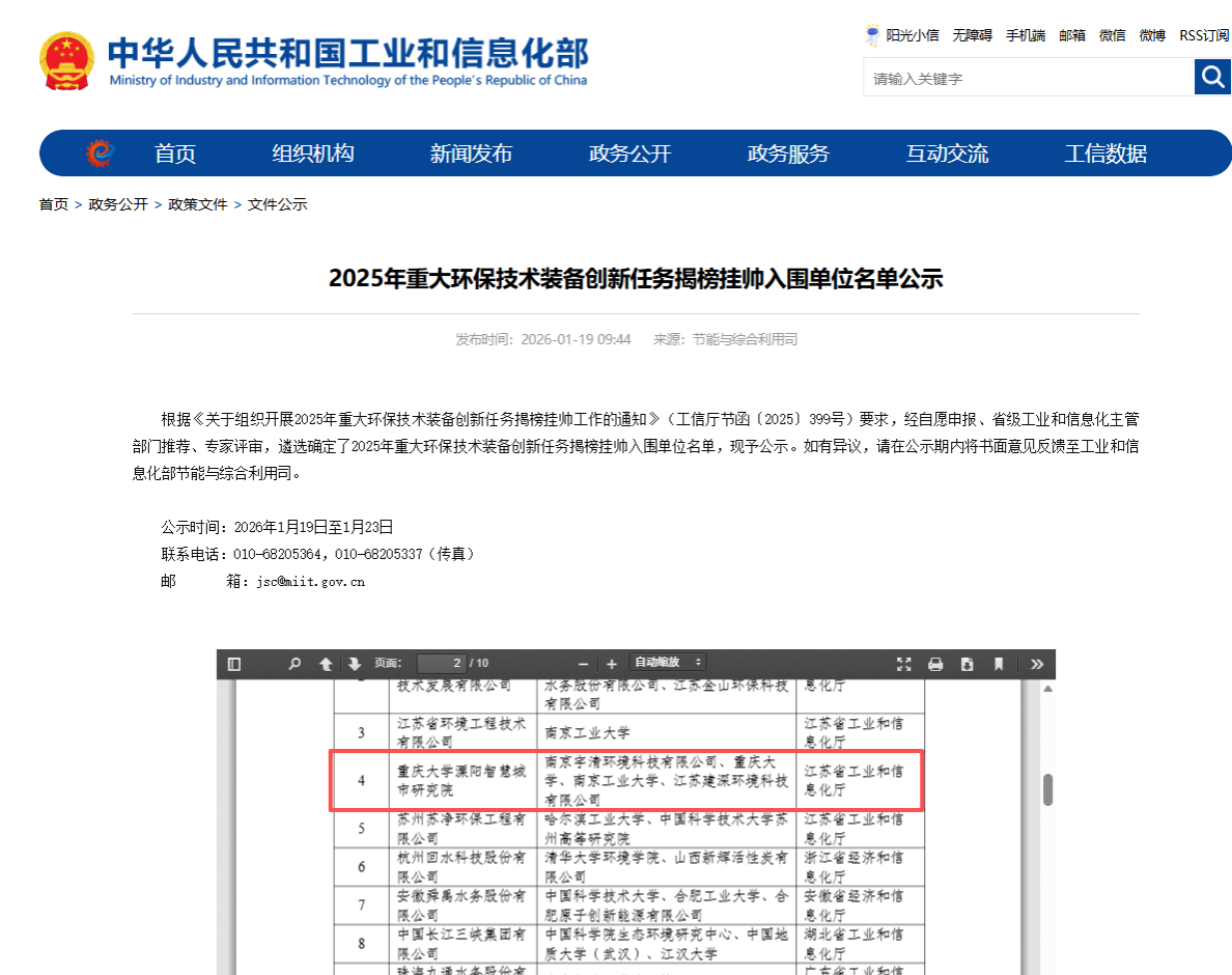 喜报！我院牵头项目入围工信部重大环保技术装备创新任务揭榜挂帅名单